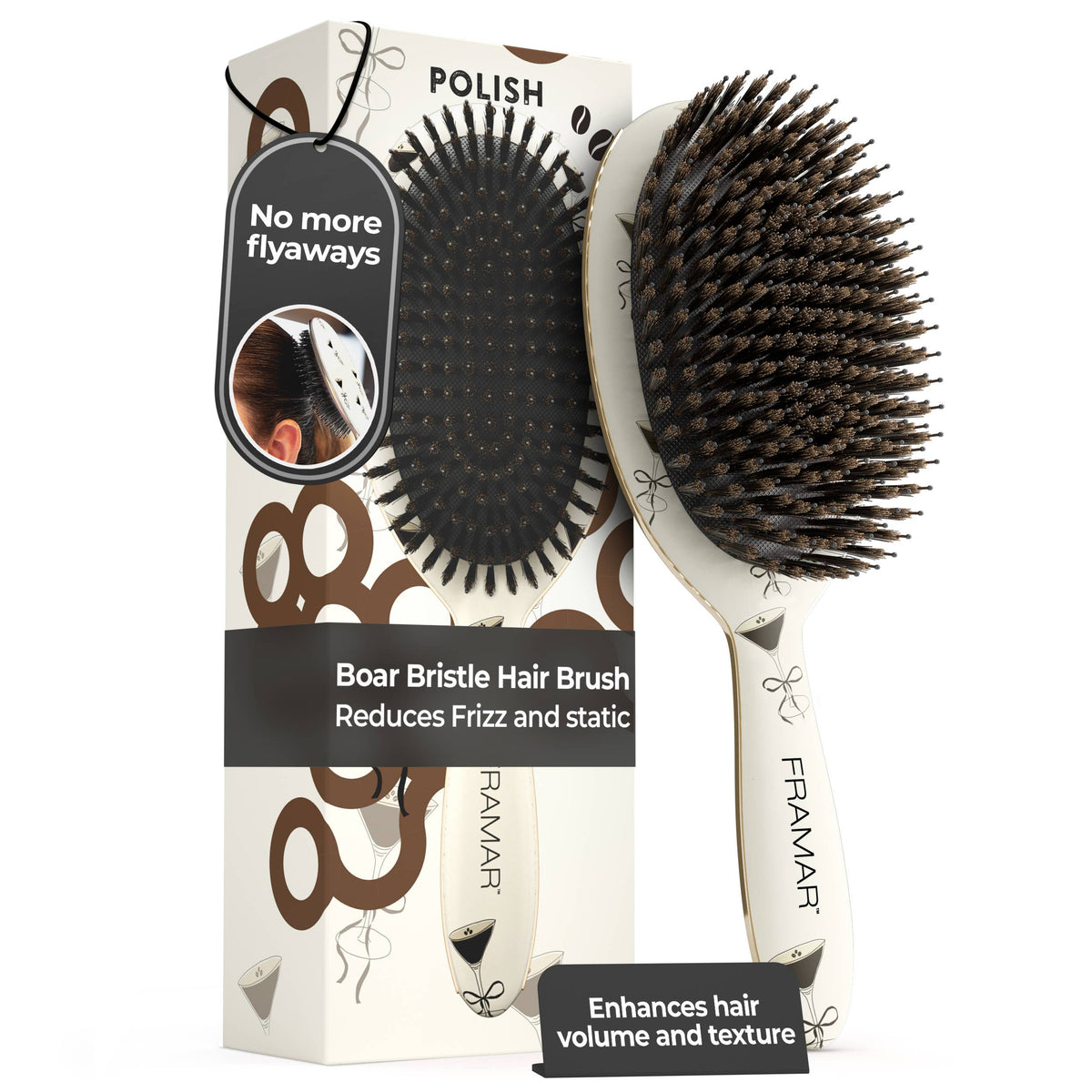 FRAMAR Espresso Boar Bristle Hair Brush, Boar Brush For Hair